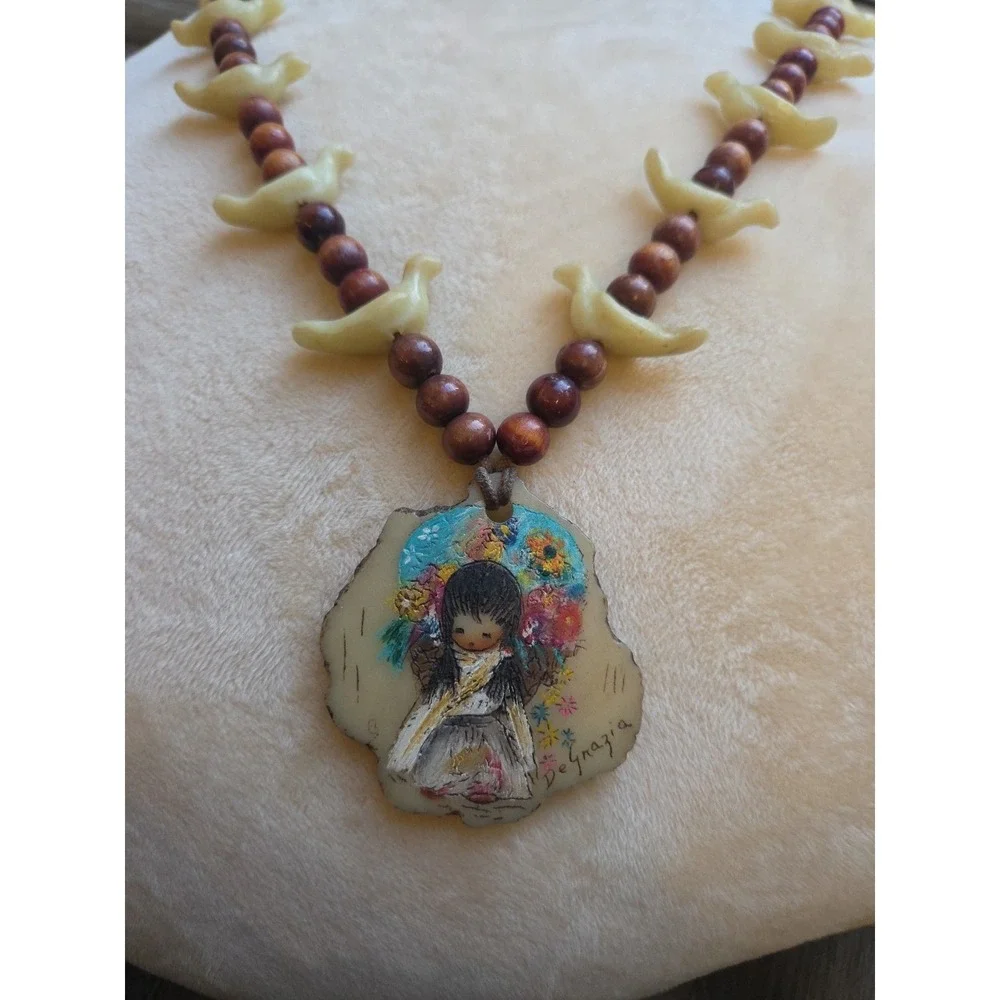 Vintage DeGrazia Hand Painted Pendant Necklace Native Girl with Flowers Brids - Picture 1 of 7